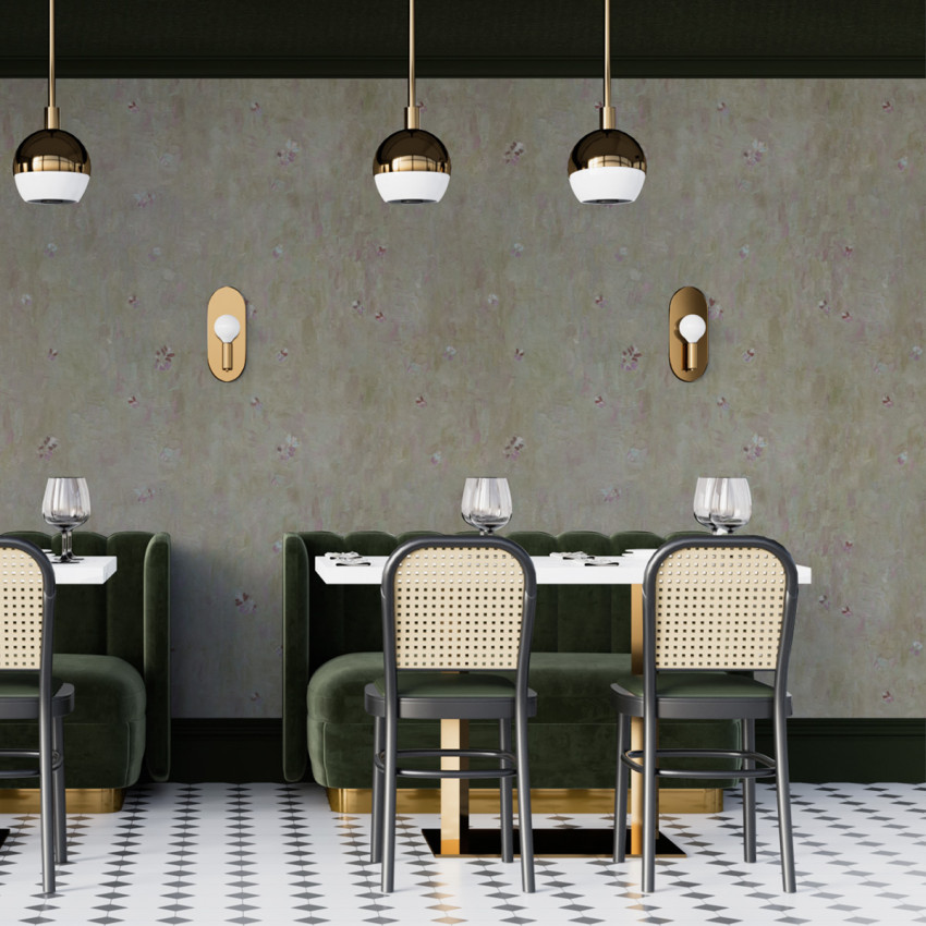 Tapet cu design floral delicat, în nuanțe de verde deschis. Perfect pentru un decor elegant și modern.