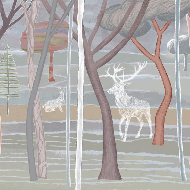 Wallpaper Sylvan Fantasy, pădure fermecătoare cu copaci și animale fantastice, culori roz, gri și alb