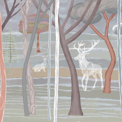 Wallpaper Sylvan Fantasy, pădure fermecătoare cu copaci și animale fantastice, culori roz, gri și alb