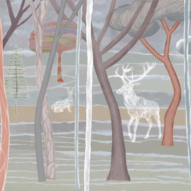 Wallpaper Sylvan Fantasy, pădure fermecătoare cu copaci și animale fantastice, culori roz, gri și alb