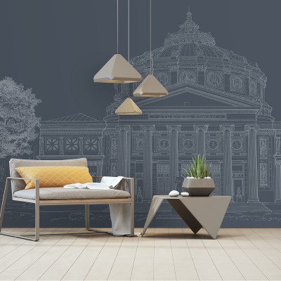 Wallpaper Atheneum Grey cu designul Ateneului Roman in linii albe pe un fundal gri.