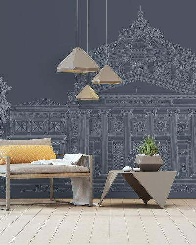 Wallpaper Atheneum Grey cu designul Ateneului Roman in linii albe pe un fundal gri.
