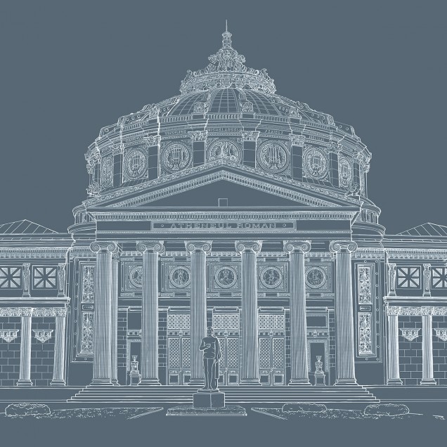 Wallpaper Atheneum Grey cu designul Ateneului Roman in linii albe pe un fundal gri.