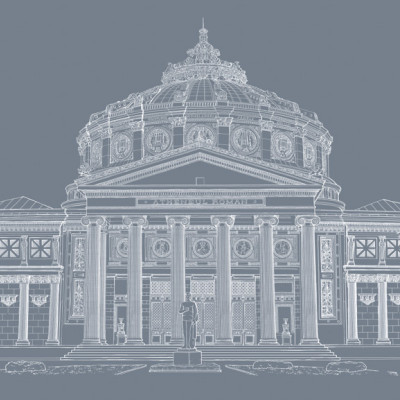 Wallpaper Atheneum Grey cu designul Ateneului Roman in linii albe pe un fundal gri.
