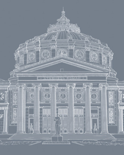 Wallpaper Atheneum Grey cu designul Ateneului Roman in linii albe pe un fundal gri.