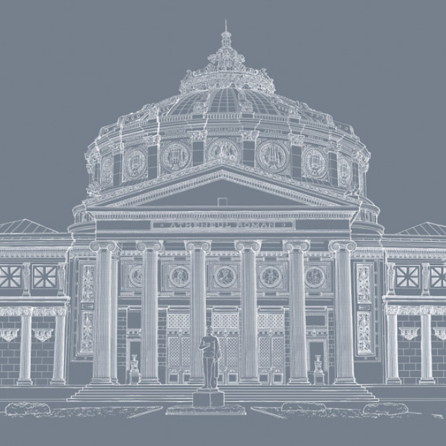 Wallpaper Atheneum Grey cu designul Ateneului Roman in linii albe pe un fundal gri.