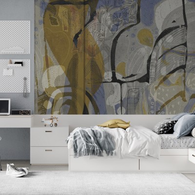 Tapet abstract cu design retro în nuanțe de violet, auriu și gri