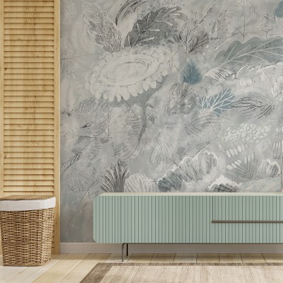 Tapet cu flori delicate si frunze gri si albastre, perfect pentru a crea un ambient elegant si primitor.