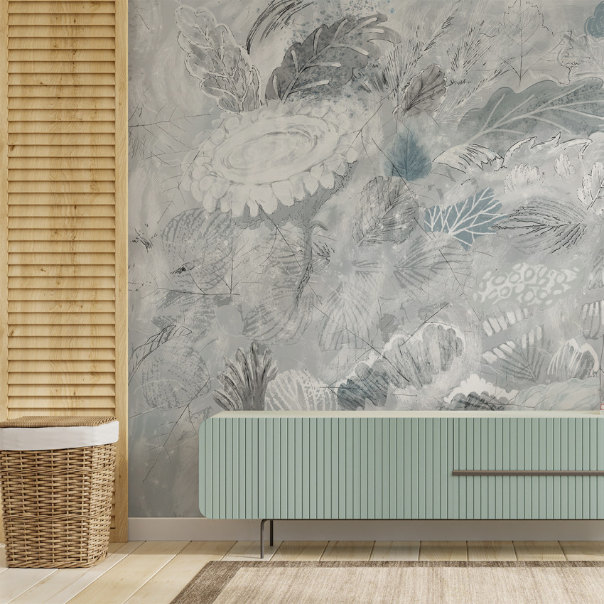 Tapet cu flori delicate si frunze gri si albastre, perfect pentru a crea un ambient elegant si primitor.