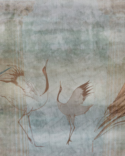Fouette Flamingo, tapet cu un flamingo desenat în stil vintage, pe fundal gri cu accente de culoare pastelata