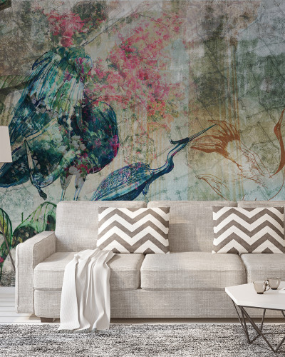 Tapet modern cu un design artistic al unor păsări grațioase și flori delicate.