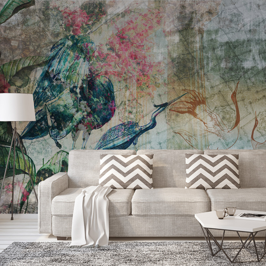 Tapet modern cu un design artistic al unor păsări grațioase și flori delicate.