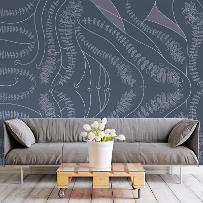 Tapet cu un design minimalist floral, cu frunze delicate și linii curbe pe un fundal gri deschis
