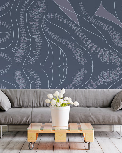 Tapet cu un design minimalist floral, cu frunze delicate și linii curbe pe un fundal gri deschis