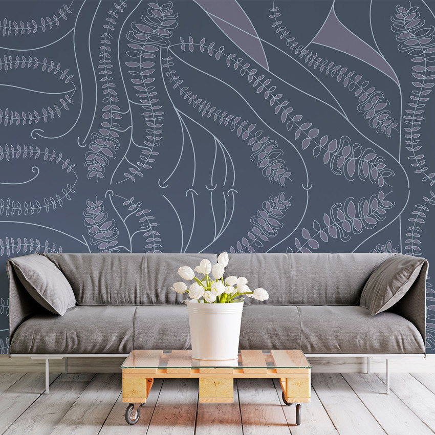 Tapet cu un design minimalist floral, cu frunze delicate și linii curbe pe un fundal gri deschis