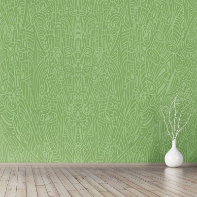 Tapet abstract verde cu linii curbe și forme geometrice