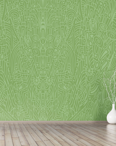 Tapet abstract verde cu linii curbe și forme geometrice
