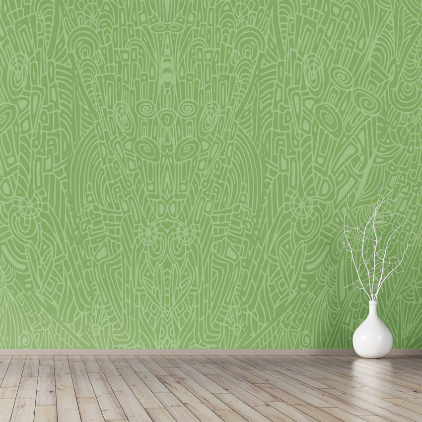 Tapet abstract verde cu linii curbe și forme geometrice