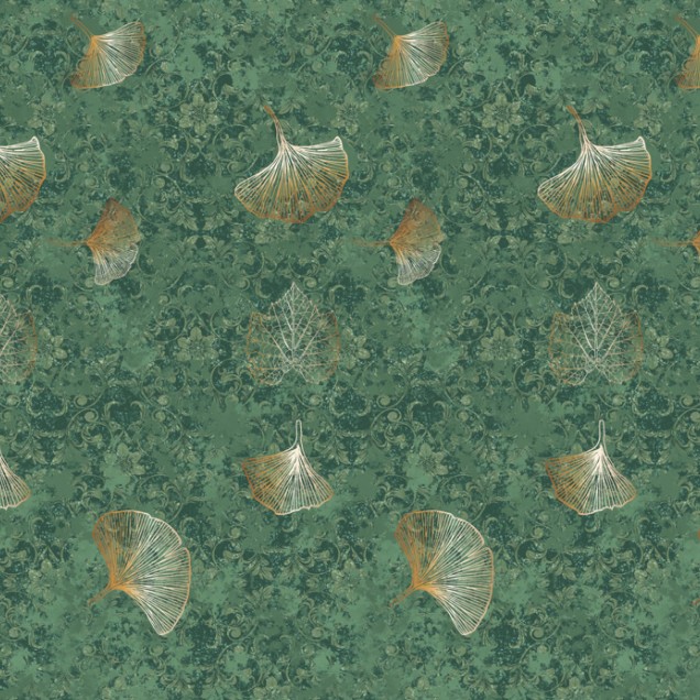 Tapet cu frunze aurii pe un fundal verde smarald