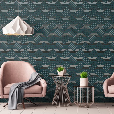Tapet cu model geometric modern, cu linii curbe subtile, în nuanțe de verde și auriu.
