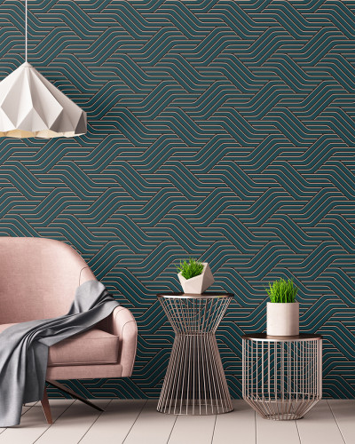 Tapet cu model geometric modern, cu linii curbe subtile, în nuanțe de verde și auriu.