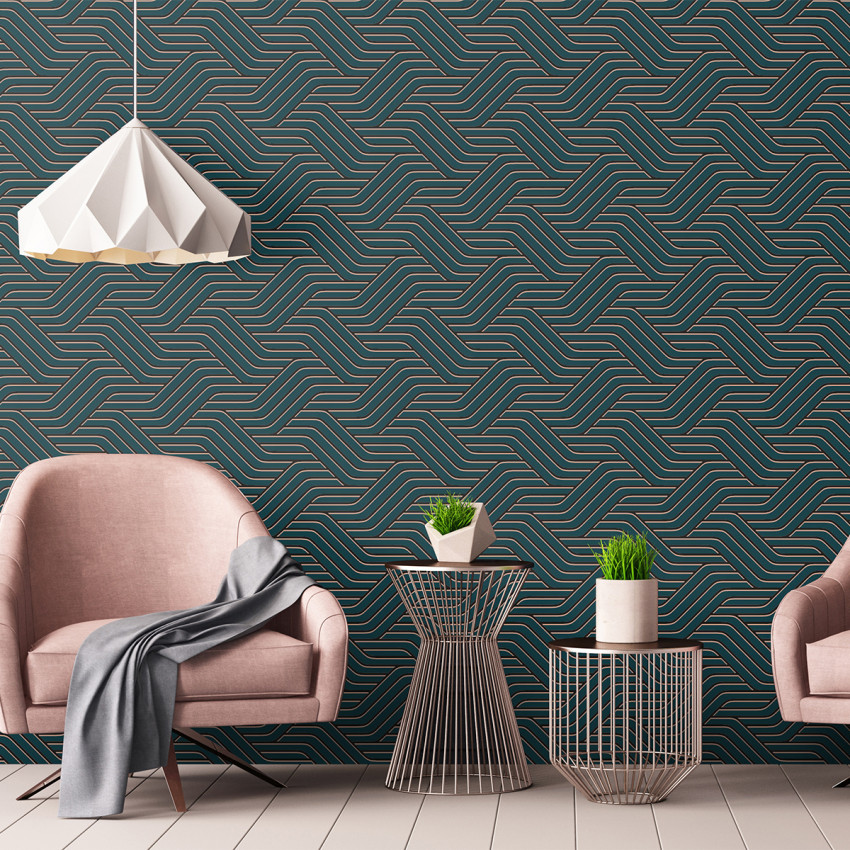 Tapet cu model geometric modern, cu linii curbe subtile, în nuanțe de verde și auriu.
