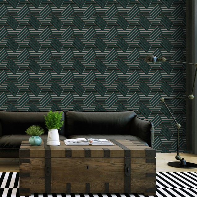 Tapet cu model geometric modern, cu linii curbe subtile, în nuanțe de verde și auriu.