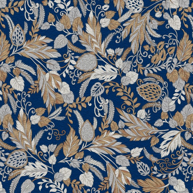 Wallpaper floral cu detalii argintii și aurii pe fundal albastru