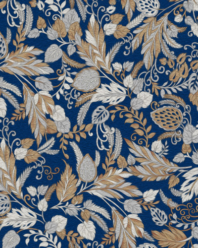 Wallpaper floral cu detalii argintii și aurii pe fundal albastru