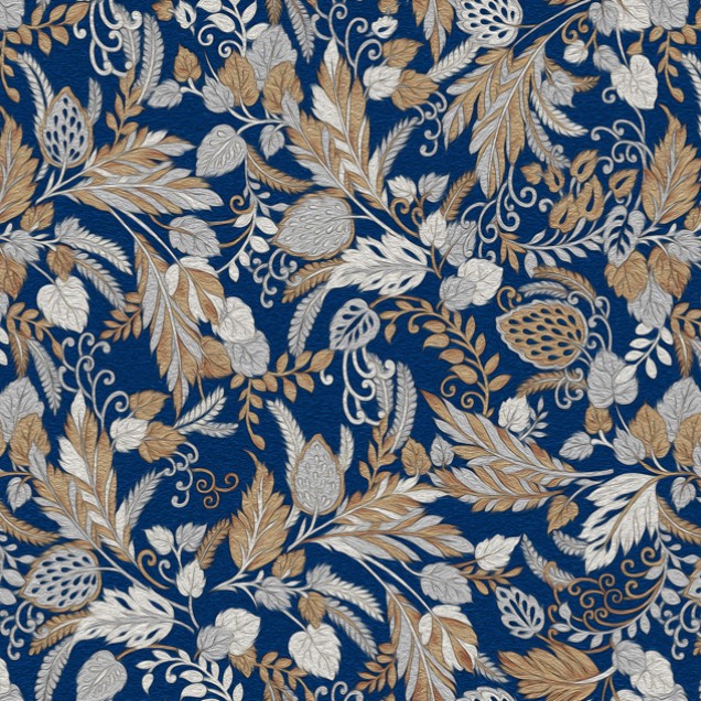 Wallpaper floral cu detalii argintii și aurii pe fundal albastru