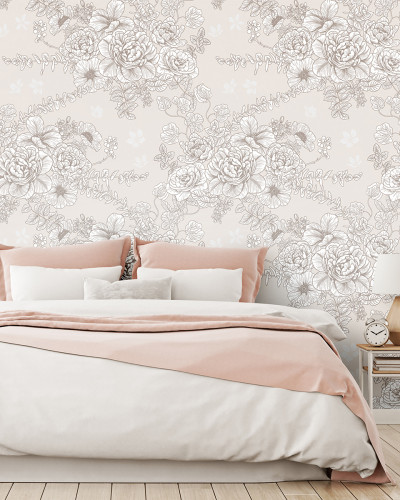 Tapet floral Butterflowers cu design minimalist, perfect pentru dormitor.