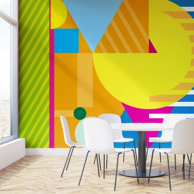 Tapet geometric modern cu culori vibrante, perfect pentru living, bucatarie sau dormitor.