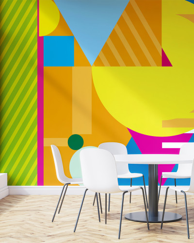 Tapet geometric modern cu culori vibrante, perfect pentru living, bucatarie sau dormitor.