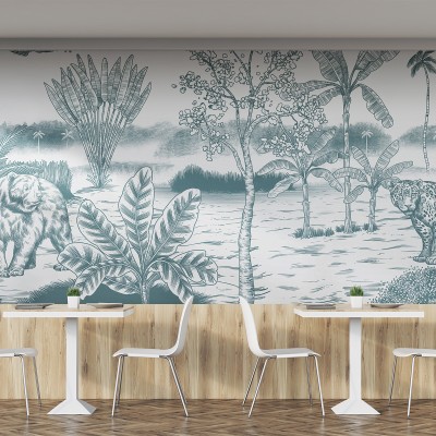 Imagine cu un wallpaper cu design tropical, cu un urs și un jaguar în mijlocul unei jungle luxuriante.