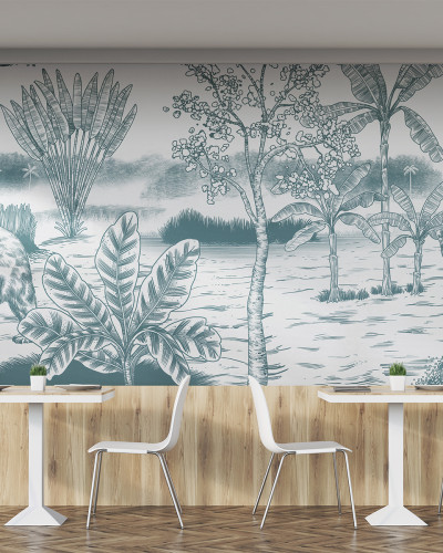 Imagine cu un wallpaper cu design tropical, cu un urs și un jaguar în mijlocul unei jungle luxuriante.