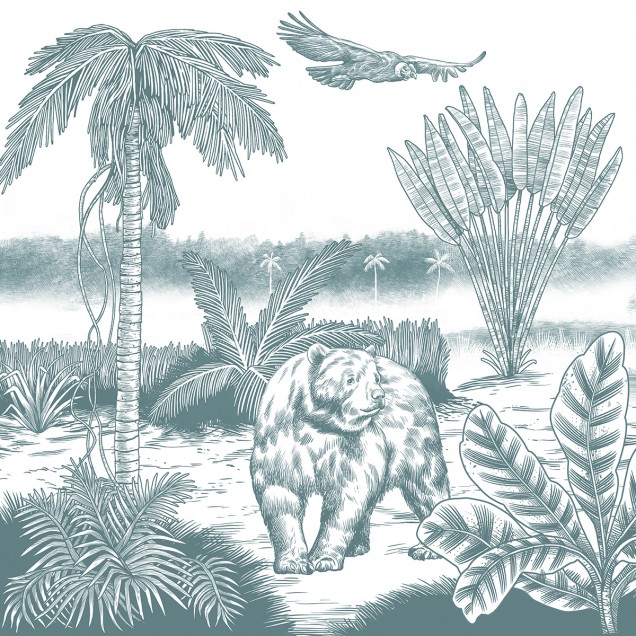 Imagine cu un wallpaper cu design tropical, cu un urs și un jaguar în mijlocul unei jungle luxuriante.