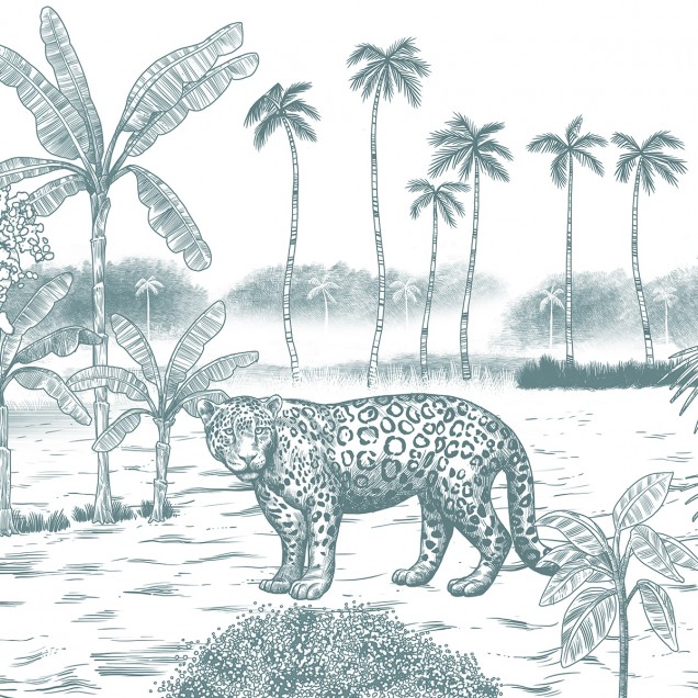 Imagine cu un wallpaper cu design tropical, cu un urs și un jaguar în mijlocul unei jungle luxuriante.