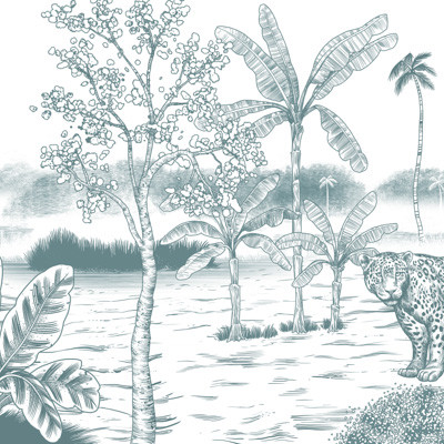 Imagine cu un wallpaper cu design tropical, cu un urs și un jaguar în mijlocul unei jungle luxuriante.