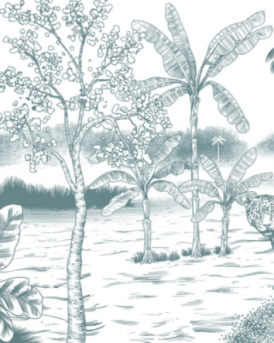 Imagine cu un wallpaper cu design tropical, cu un urs și un jaguar în mijlocul unei jungle luxuriante.