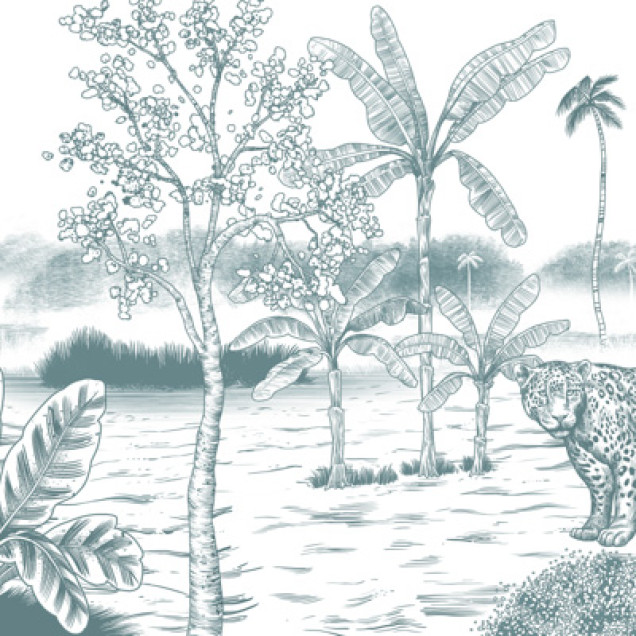 Imagine cu un wallpaper cu design tropical, cu un urs și un jaguar în mijlocul unei jungle luxuriante.