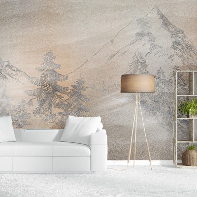 Tapet cu design montan și brazi argintii