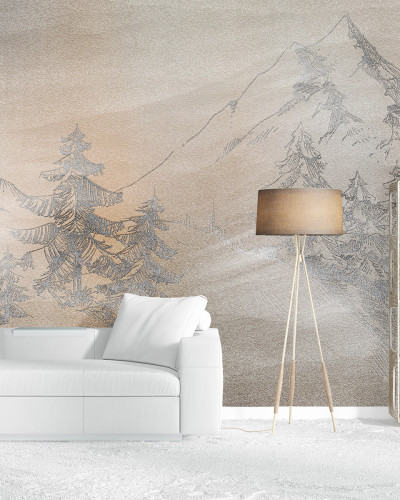 Tapet cu design montan și brazi argintii