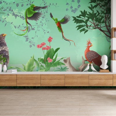 Tapet cu design exotic, cu păsări și flori.