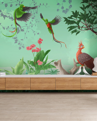 Tapet cu design exotic, cu păsări și flori.