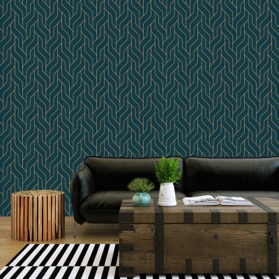 Tapet Stairway Navy - design geometric elegant, cu linii curbate în nuanțe de albastru marin și auriu.