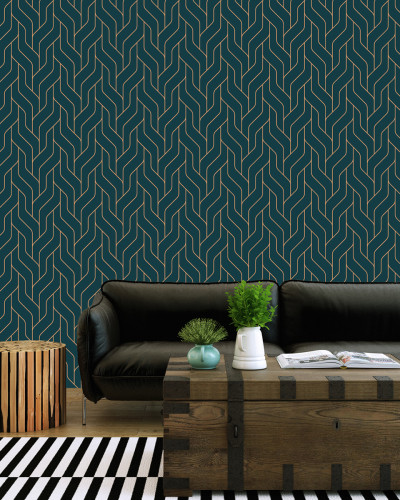 Tapet Stairway Navy - design geometric elegant, cu linii curbate în nuanțe de albastru marin și auriu.