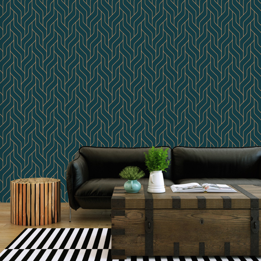 Tapet Stairway Navy - design geometric elegant, cu linii curbate în nuanțe de albastru marin și auriu.