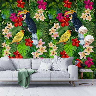Toucanary tapet cu tucani, pasari tropicale, flori exotice si frunze verzi