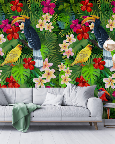 Toucanary tapet cu tucani, pasari tropicale, flori exotice si frunze verzi