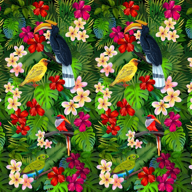 Toucanary tapet cu tucani, pasari tropicale, flori exotice si frunze verzi
